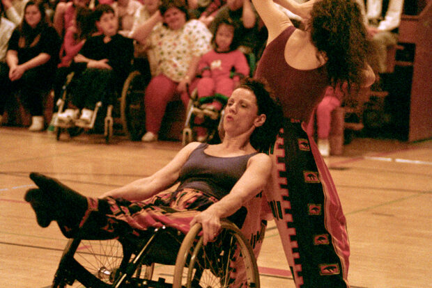Charlene Curtiss and Debbie Gilbert of the Whistlestop Dance Company dancing at Chinook Middle School, 1993