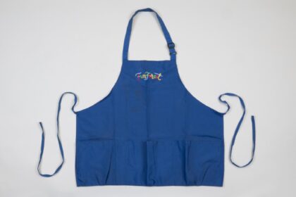 Blue apron with the words "Fun Forest" in multi-colored lettering stitched on the chest.