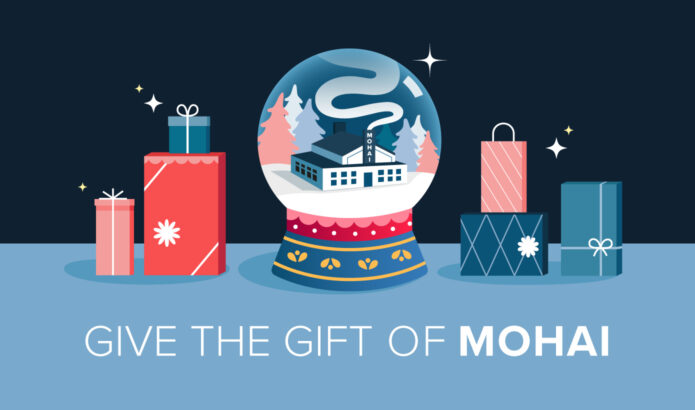 A holiday scene with packages and a snowglobe containing the MOHAI museum. The words, 