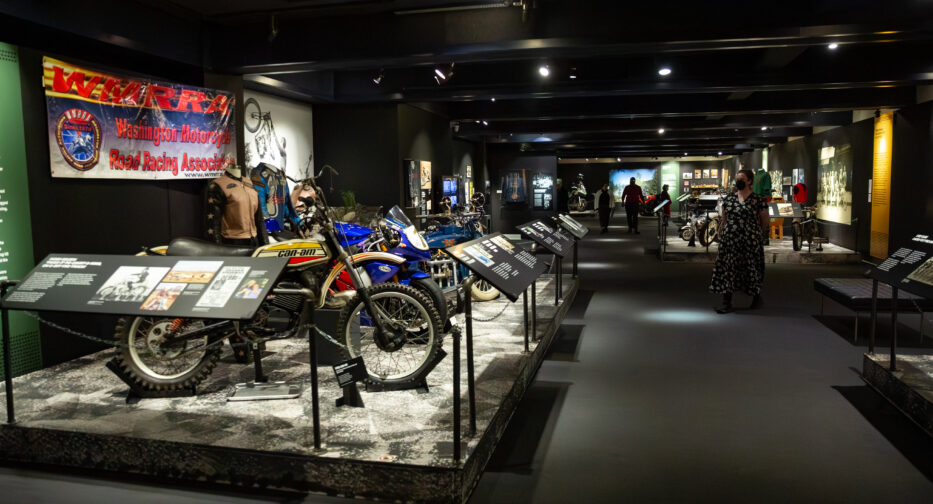 Various motorcycles on display at the MOHAI Kickstands Up! exhibit in downtown Seattle, WA.