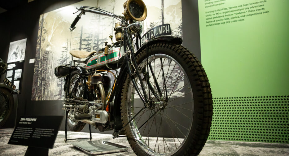 1914 Triumph motorcycle on display at the MOHAI Kickstands Up! exhibit in Seattle, WA.