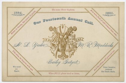 New Year's greeting card from 1884–1885 featuring the names Henry L. Yesler, Bailey Gatzert, and M. R. Maddocks. The card reads "Our Fourteenth Annual Call" with humorous phrases such as "Like wine, we improve with age" and "When FULL please send us home." From MOHAI's collection.
