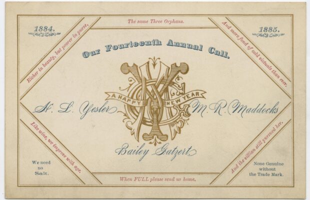 New Year's greeting card from 1884–1885 featuring the names Henry L. Yesler, Bailey Gatzert, and M. R. Maddocks. The card reads 