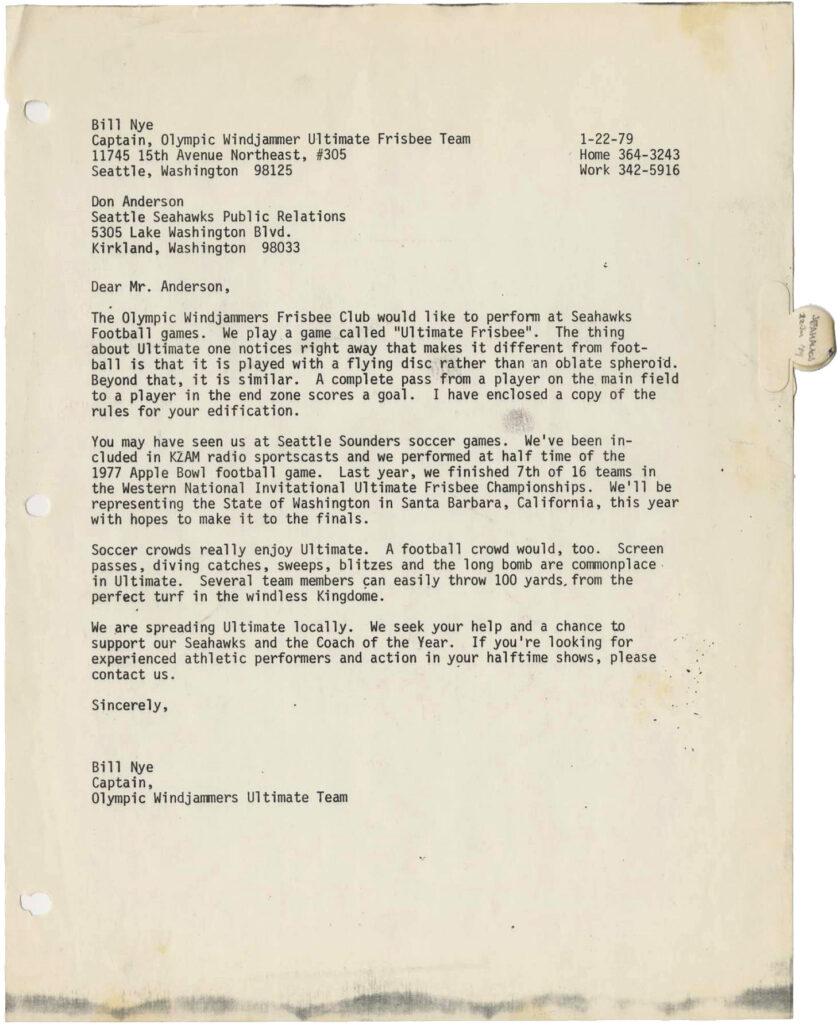 Typewritten letter from Bill Nye to the Seattle Seahawks Public Relations, dated January 22, 1979, proposing a halftime Ultimate Frisbee demonstration by his team, the Olympic Windjammers.