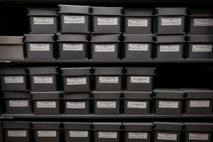 Photograph of Seattle Post-Intelligencer CDs stored in the MOHAI Collection.