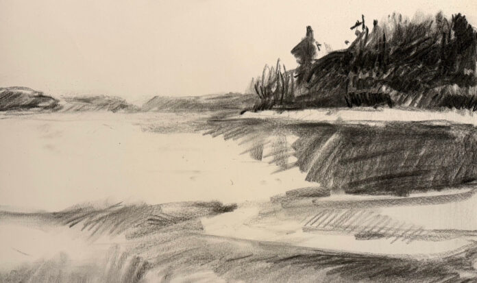 Pencil sketch of a pond.