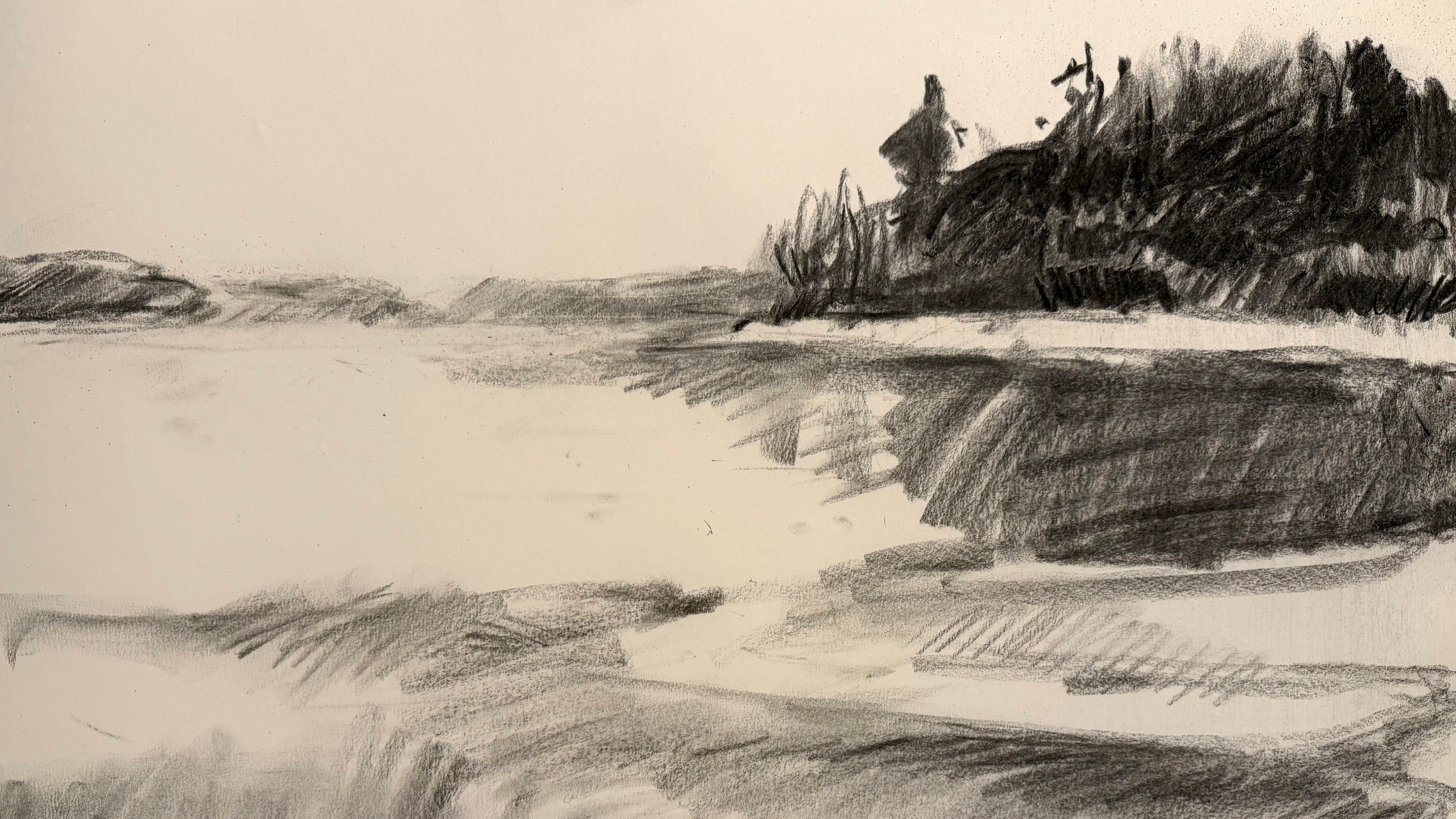 Pencil sketch of a pond.