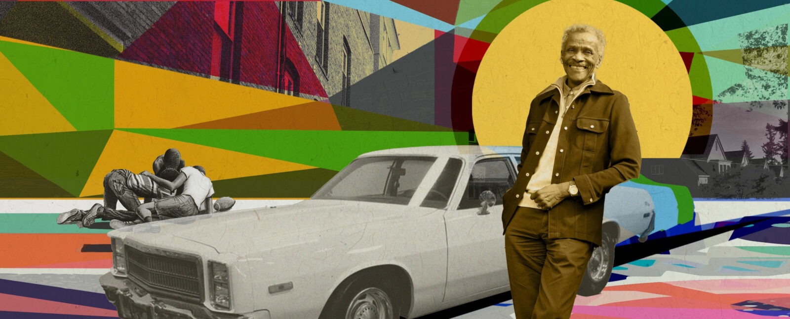 Al Doggett standing adjacent to a car from the 1970s. Three children play football in the background.