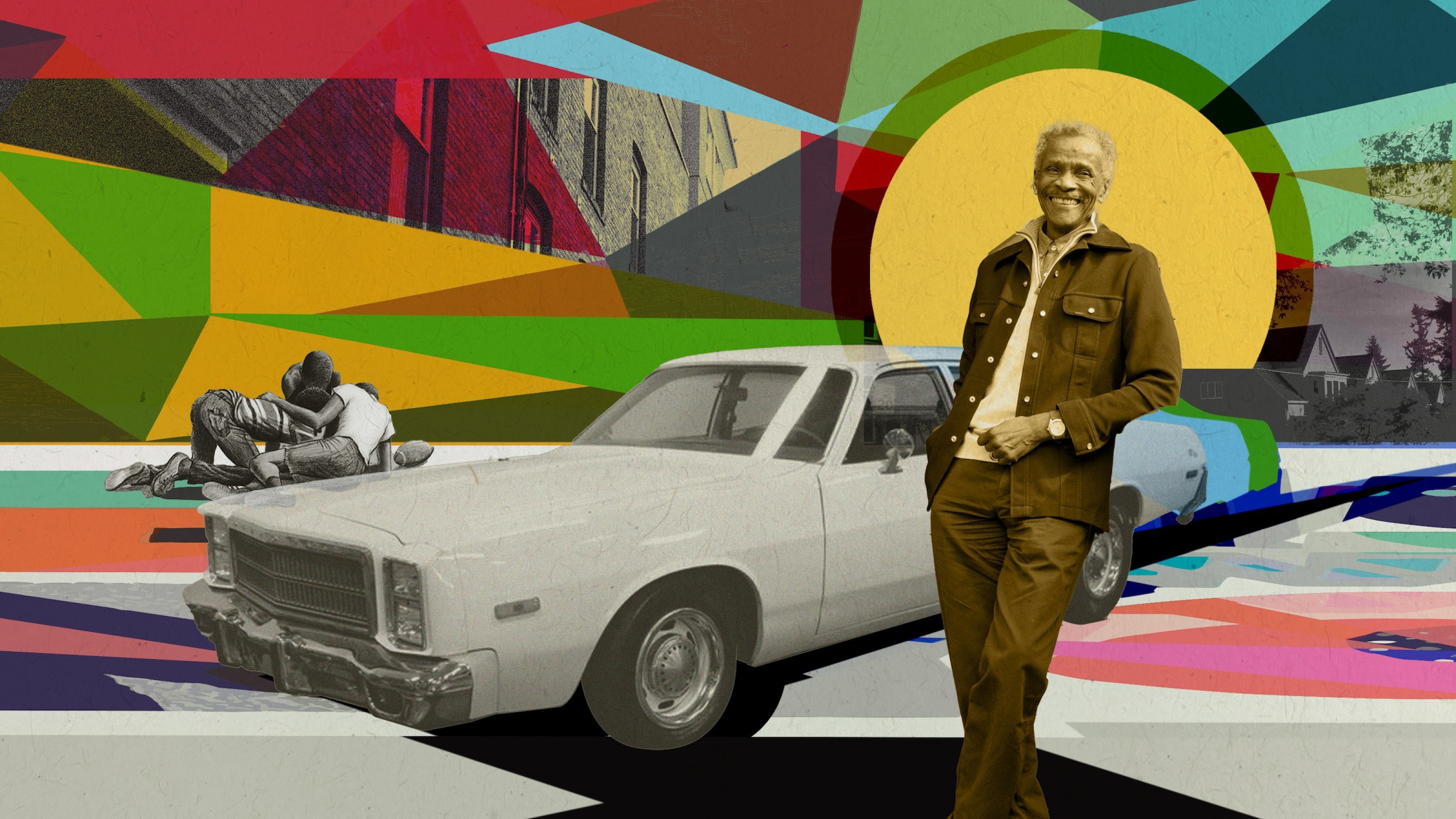Al Doggett standing adjacent to a car from the 1970s. Three children play football in the background.